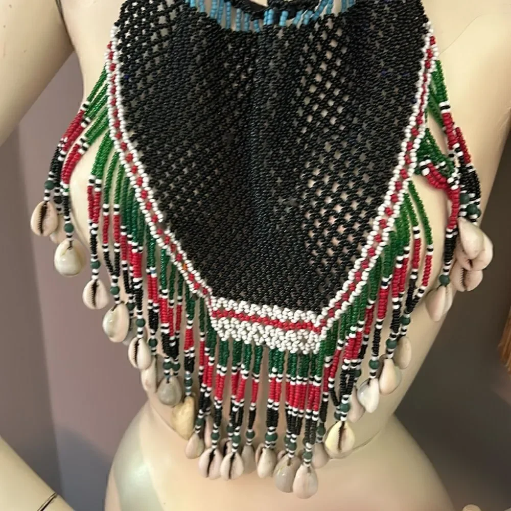 Vintage 60’s tie beaded dance skirt necklace or wall hanging cowrie shell bead